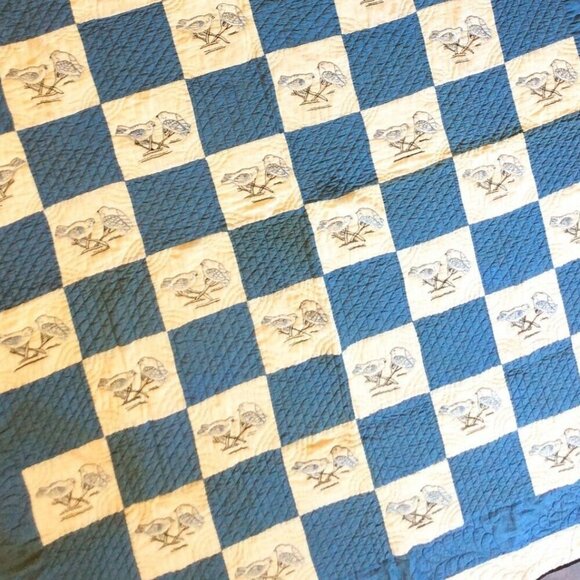 Handmade Four Patch Squares Quilt Embroidered Love Birds Blue White STAINED - Picture 2 of 12